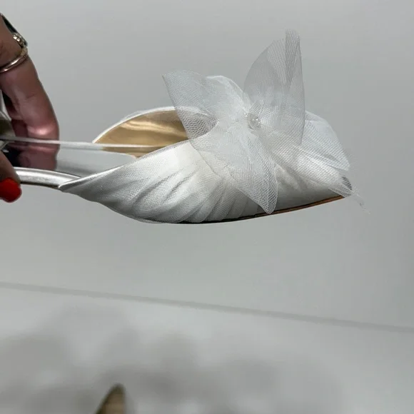 Badgley Mischka Fergie Tulle Pointed Toe Flats in Soft White Satin - Picture 5 of 17